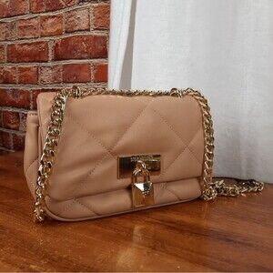 Steve Madden Beige Quilted Chain Shoulder Bag with Gold Lock
